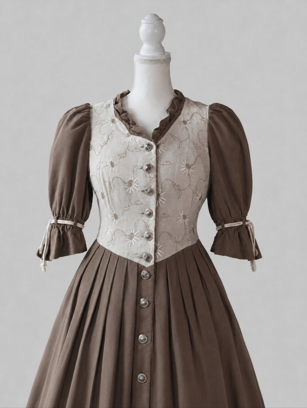 Vintage Brown Embroidered Midi Dress with Puff Sleeves, Rennaissance, Dirndl